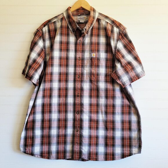 Carhartt Shirt Mens XL Brown Plaid Short Sleeve Button Up Relaxed Fit Cotton - Picture 1 of 8